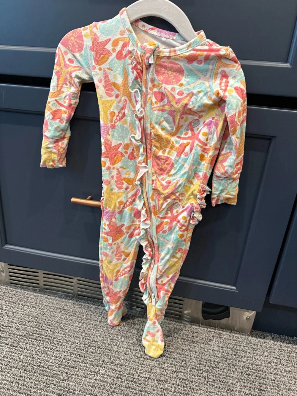 Posh Peanut Coral Yellow Aqua Sea Life Ruffle Footed Pajamas